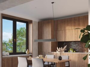 Miniaturka 15 - Czarna lampa liniowa LED w aranżacji jadalni z drewnianym stołem