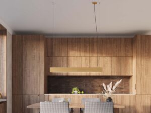 Miniaturka 15 - Lampa wisząca liniowa LED musztardowa w aranżacji kuchni z drewnem