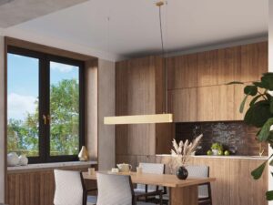 Miniaturka 16 - Musztardowa lampa liniowa LED w aranżacji jadalni z drewnianym stołem