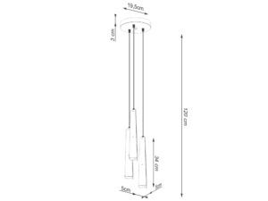 Miniaturka 12 - Schemat wymiarów lampy wiszącej białej trójpunktowej z płaskimi kloszami 19,5x120cm