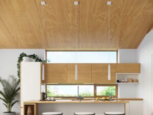 Miniaturka 14 - Białe lampy wiszące z płaskimi kloszami w aranżacji nowoczesnej kuchni z wyspą