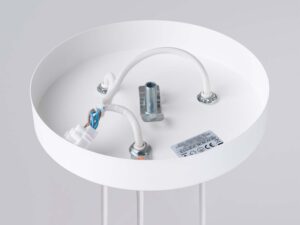 Miniaturka 9 - Wnętrze okrągłej podstawy sufitowej lampy białej z okablowaniem i uchwytem montażowym