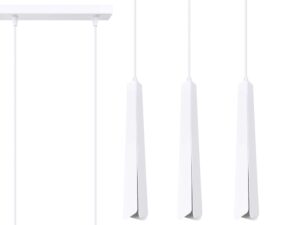 Miniaturka 1 - Detal prostokątnej podstawy sufitowej i trzech kloszy lampy wiszącej białej
