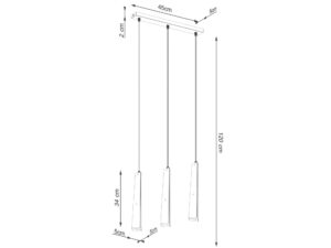 Miniaturka 14 - Schemat wymiarów lampy wiszącej białej trójpunktowej z płaskimi kloszami 45x120cm