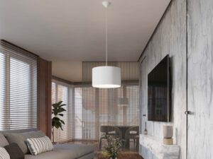 Miniaturka 7 - Lampa wisząca z białym abażurem w aranżacji salonu z sofą