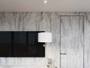 Miniaturka 9 - Lampa wisząca z cylindrycznym abażurem w aranżacji przy marmurowej ścianie