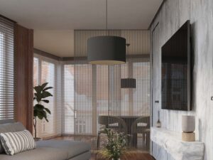 Miniaturka 8 - Lampa wisząca z czarnym abażurem w aranżacji salonu z sofą