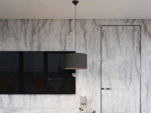 Miniaturka 10 - Czarna lampa wisząca cylindryczna w aranżacji przy marmurowej ścianie