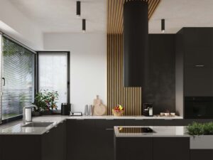 Miniaturka 7 - Spoty natynkowe czarno-chromowane w aranżacji nowoczesnej kuchni z lamelami