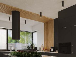 Miniaturka 8 - Czarno-chromowane spoty natynkowe w aranżacji nowoczesnej kuchni z wyspą