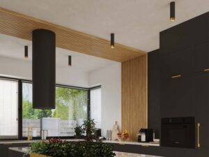 Miniaturka 8 - Czarno-złote spoty natynkowe w aranżacji nowoczesnej kuchni z wyspą