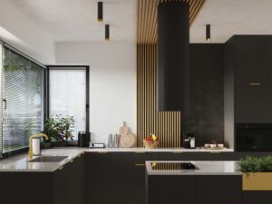 Miniaturka 7 - Spoty wydłużone czarno-złote w aranżacji nowoczesnej kuchni z lamelami