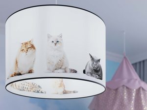 Miniaturka 10 - Detal abażura lampy wiszącej z grafiką kotów różnych ras