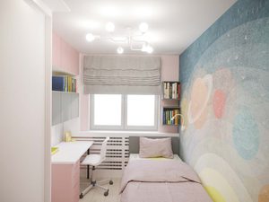 Miniaturka 8 - Różowy pokój dziecięcy z łóżkiem biurkiem i tapetą w planety