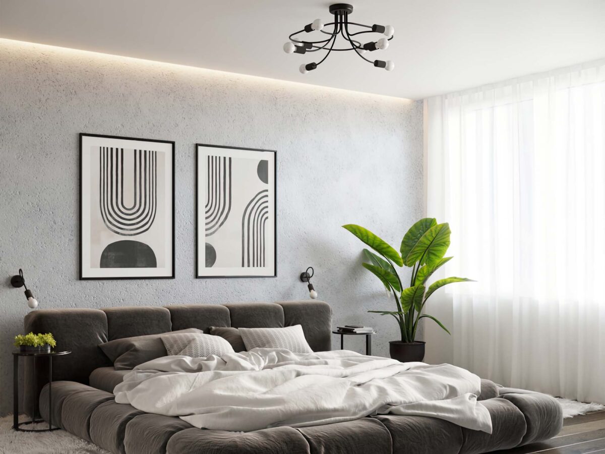 Sypialnia industrialna z oświetleniem