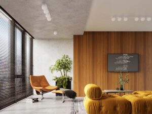 Miniaturka 7 - Biała lampa sufitowa z czterema szklanymi kulami w aranżacji salonu