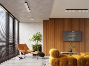 Miniaturka 8 - Czarna lampa sufitowa czterokulowa i kinkiet w aranżacji salonu