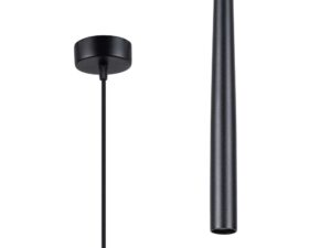 Miniaturka 5 - Detal okrągłej podstawy sufitowej i długiego stożkowego klosza lampy wiszącej czarnej