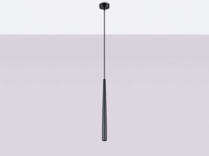 Miniaturka 1 - Czarna lampa wisząca z długim stożkowym kloszem w aranżacji sufitu