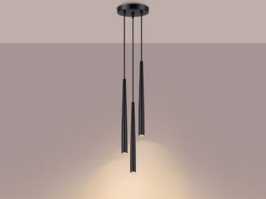 Miniaturka 3 - Lampa wisząca trójpunktowa czarna z długimi kloszami świecąca ciepłym światłem