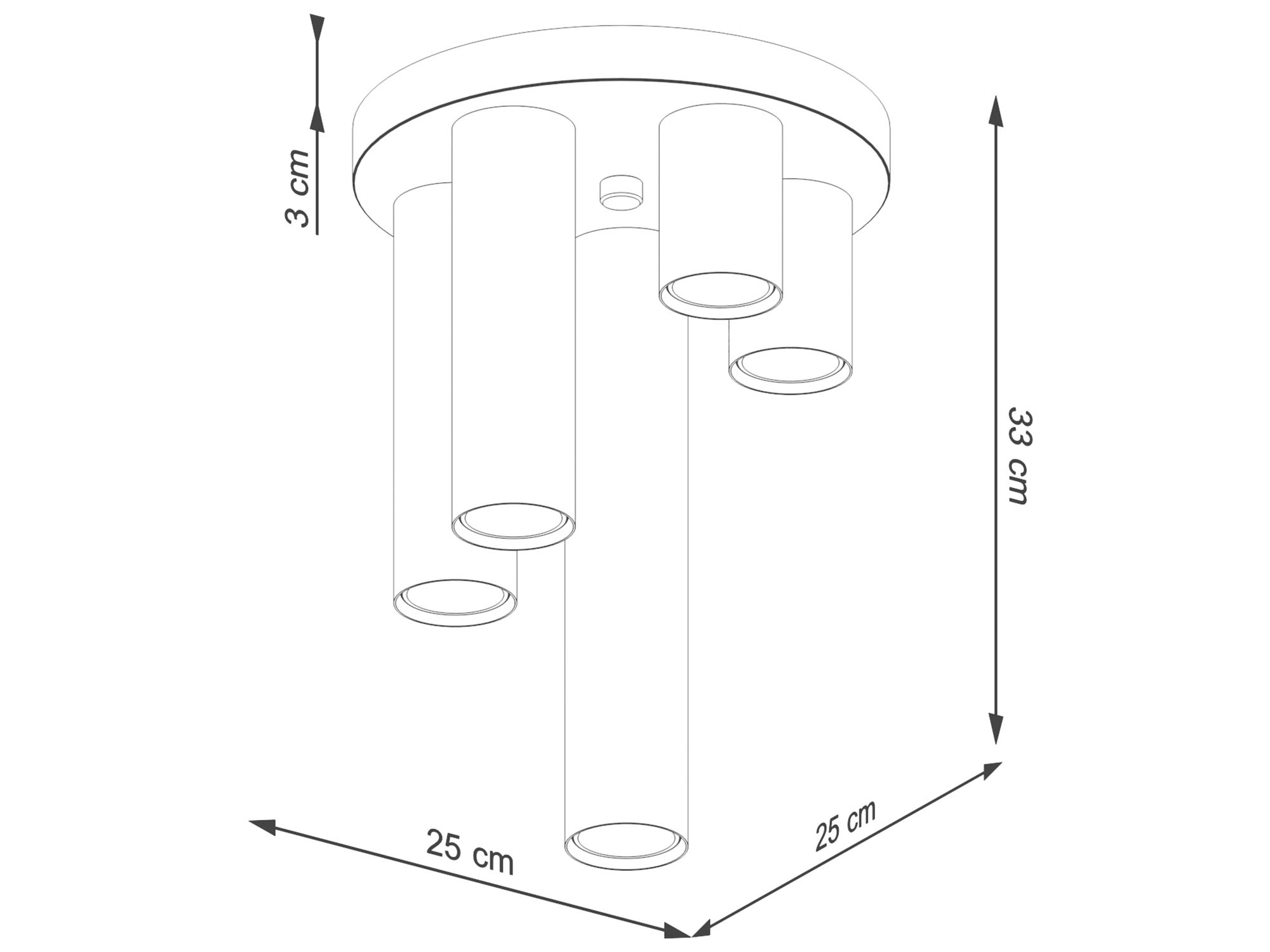 Rysunek techniczny białego plafonu czteropunktowego z wymiarami Rysunek techniczny białego plafonu czteropunktowego z wymiarami