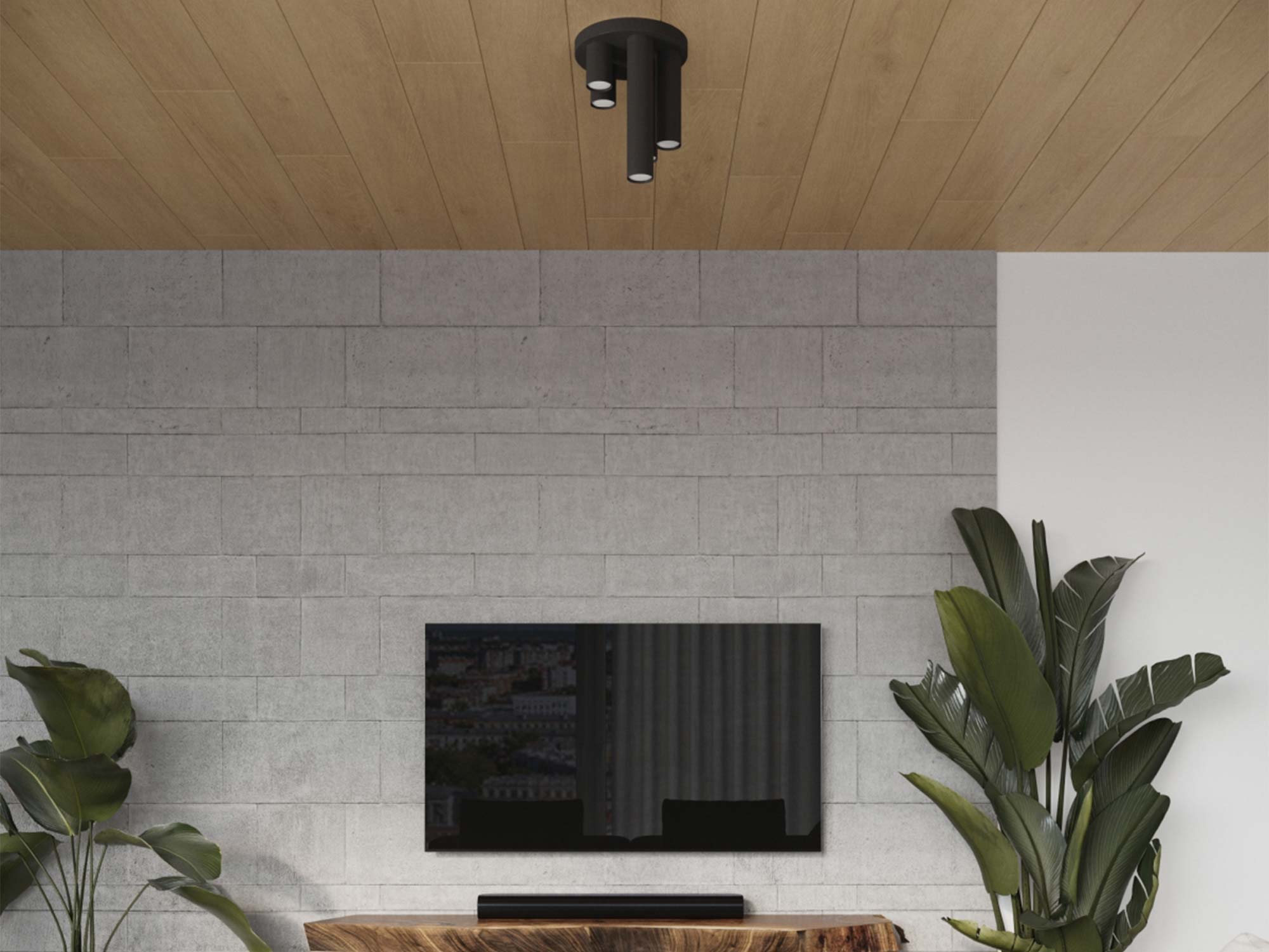 Plafon czarny trzypunktowy w aranżacji nad strefą TV w salonie