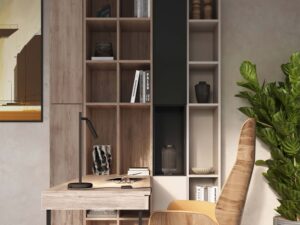 Miniaturka 8 - Czarna lampa biurkowa LED w aranżacji gabinetu przy regale