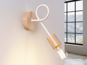 Miniaturka 2 - Kinkiet z drewna bukowego i białego metalu ze świecącą żarówką