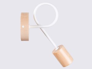 Miniaturka 5 - Drewniany kinkiet ścienny z białym metalowym ramieniem na szarym tle