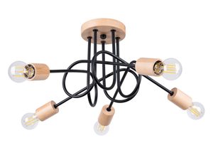 Miniaturka 14 - Lampa sufitowa pięcioramienna z drewnianymi elementami i żarówkami Edison