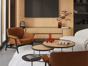 Miniaturka 11 - Plafon sufitowy czarny z drewnianymi elementami w aranżacji salonu