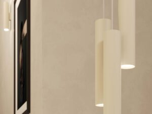 Miniaturka 12 - Trzy świecące lampy tubowe kremowe w zbliżeniu na tle ściany