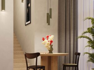 Miniaturka 10 - Aranżacja jadalni z lampą khaki i stołem drewnianym przy schodach