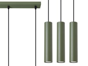 Miniaturka 1 - Lampa wisząca potrójna oliwkowa z cylindrycznymi kloszami na belce