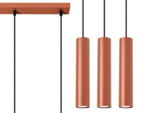 Miniaturka 1 - Detal prostokątnej podstawy sufitowej i trzech cylindrycznych kloszy lampy wiszącej ceglastej