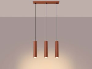 Miniaturka 3 - Lampa wisząca trójpunktowa ceglasta z cylindrycznymi kloszami świecąca ciepłym światłem