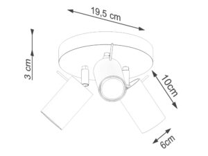 Miniaturka 7 - Schemat wymiarów plafonu sufitowego trójpunktowego białego 19,5x3x10cm