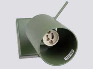 Miniaturka 5 - Detal oliwkowego reflektora kinkieta z gniazdem GU10 i etykietą zbliżenie