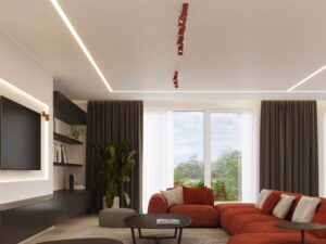 Miniaturka 10 - Plafon trójpunktowy ceglasty w aranżacji nowoczesnej kuchni z wyspą