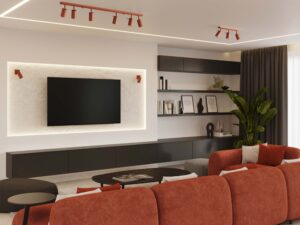 Miniaturka 9 - Plafon sześciopunktowy ceglasty w aranżacji nowoczesnego salonu z sofą i kinkietami