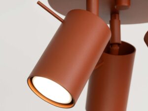 Miniaturka 5 - Detal trzech cylindrycznych reflektorów plafonu ceglastego z okrągłą podstawą zbliżenie