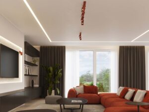 Miniaturka 10 - Ceglasty plafon sześciopunktowy w aranżacji nowoczesnego salonu z sofą i roślinami