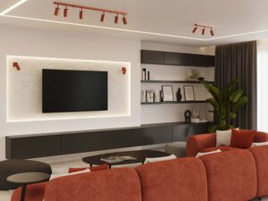 Miniaturka 11 - Plafon sześciopunktowy ceglasty w aranżacji nowoczesnego salonu z sofą i kinkietami