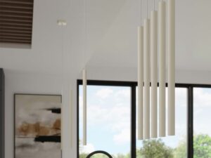 Miniaturka 9 - Długie lampy wiszące kremowe w aranżacji jadalni z widokiem na ogród