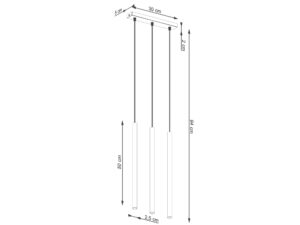 Miniaturka 5 - Schemat wymiarów lampy wiszącej trójpunktowej kremowej z długimi kloszami 30x5x94cm