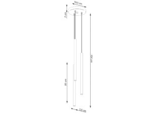Miniaturka 5 - Schemat wymiarów lampy wiszącej trójpunktowej białej tubowej 19.5x3x104cm