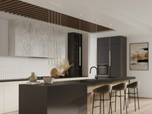 Miniaturka 9 - Lampy wiszące białe tubowe w aranżacji kuchni z wyspą zbliżenie