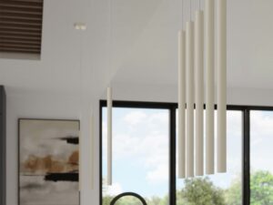 Miniaturka 8 - Białe lampy wiszące tubowe w aranżacji wnętrza przy dużym oknie