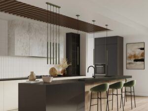 Miniaturka 9 - Lampy wiszące zielone cylindryczne w aranżacji kuchni zbliżenie