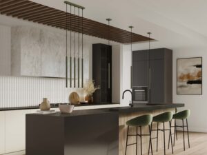 Miniaturka 8 - Oliwkowe lampy wiszące tubowe w aranżacji nowoczesnej kuchni